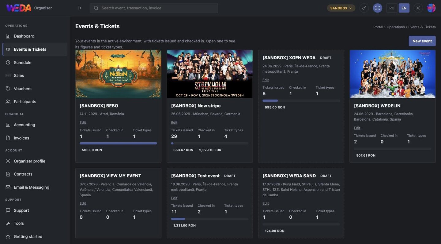 The event list, with drafts marked