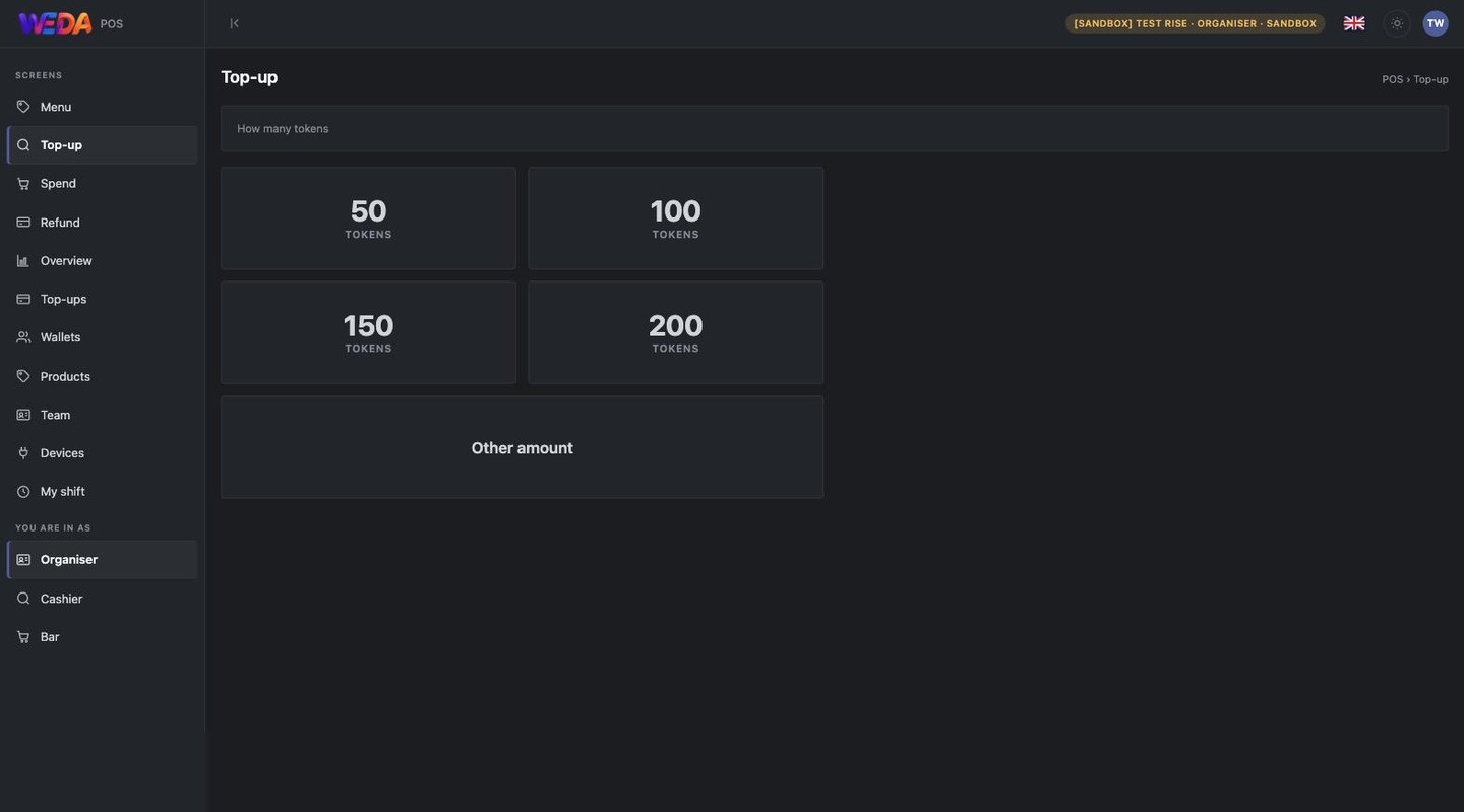 Top-up: four preset amounts, or a free amount